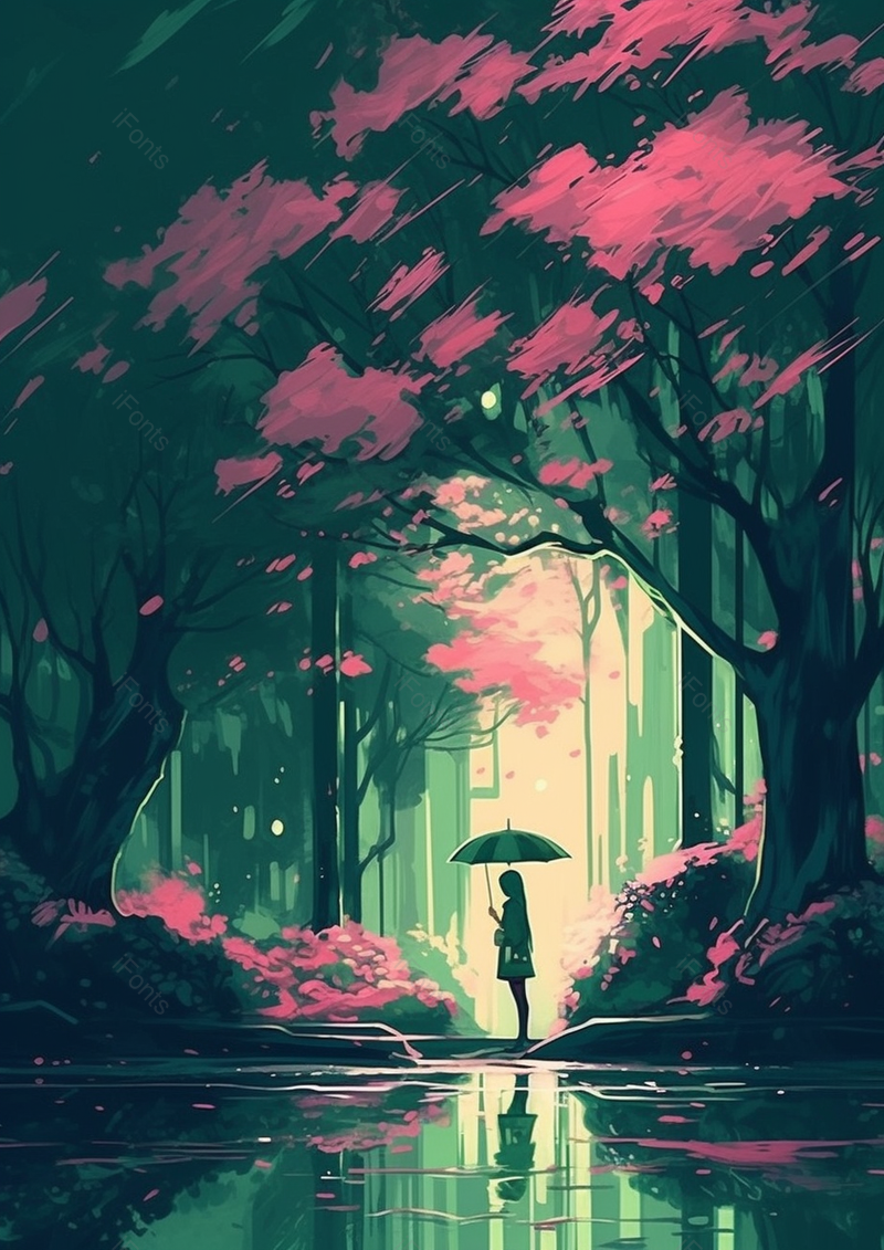 下雨天山林河边撑伞女人剪影插画背景,插画/手绘图,插画/手绘图库,插画/手绘图下载,插画/手绘